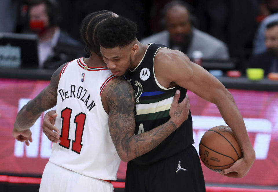 DeMar DeRozan and Giannis Antetokounmpo will take center stage when the Chicago Bulls and Milwaukee Bucks meet in the first round of the NBA playoffs. (Chris Sweda/Chicago Tribune via Getty Images)