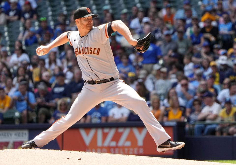 San Francisco Giants starting pitcher Alex Cobb (38) throws during the first inning of their game against the Milwaukee Brewers game Sunday, May 28, 2023 at American Family Field in Milwaukee, Wis.