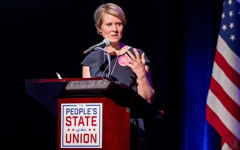 Cynthia Nixon speaking during The People's State Of The Union at Town Hall in New York City earlier this year - Credit: Roy Rochlin/Getty Images