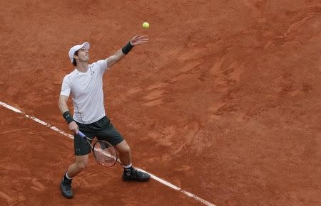 Tennis - French Open - Roland Garros - Ivo Karlovic of Croatia v Andy Murray of Britain - Paris, France - 27/05/16. Murray serves. REUTERS/Jacky Naegelen