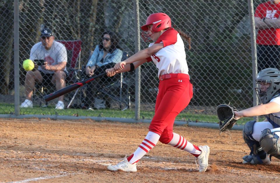 North Rockland's Hannah Leon hits a two rbi triple during a game with Ursuline at North Rockland April 15, 2024. North Rockland won 8-2.