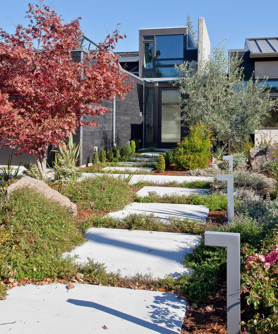 modern home with stepping stone path in front yard