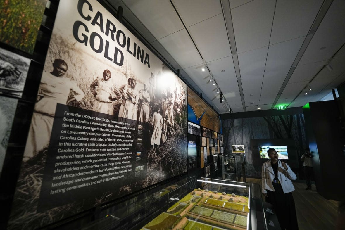 Malika N. Pryor gives a tour in preparation for the opening of the International African American Museum on Friday, June 23, 2023, in Charleston, S.C. Overlooking the old wharf at which nearly half of the enslaved population first entered North America, the 150,000-square foot museum houses exhibits and artifacts exploring how African Americans’ labor, perseverance, resistance and cultures shaped the Carolinas, the nation and the world. (AP Photo/Chris Carlson)