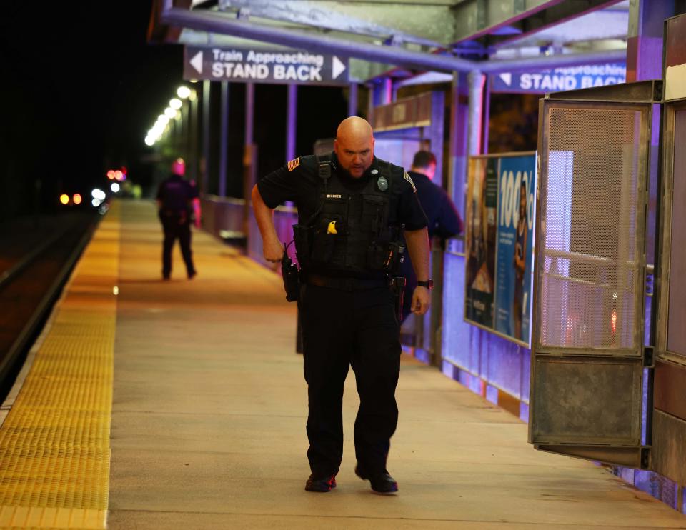 Police investigate after a juvenile female pedestrian was struck by an MBTA Commuter Rail train in Whitman on Tuesday, May 30, 2023.