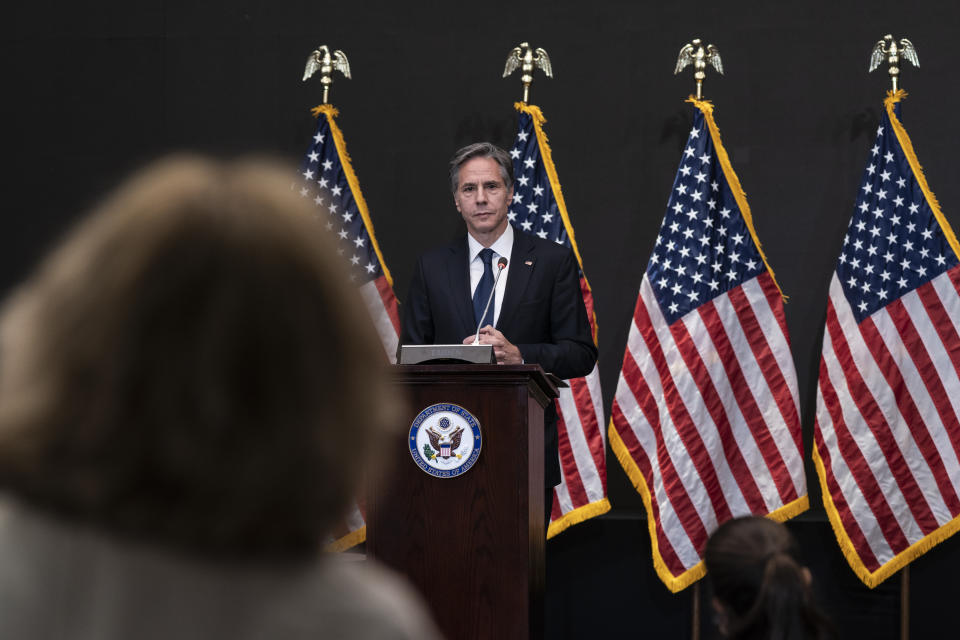 Secretary of State Antony Blinken speaks with reporters during a media availability, Wednesday, May 26, 2021, in Amman, Jordan. (AP Photo/Alex Brandon, Pool)