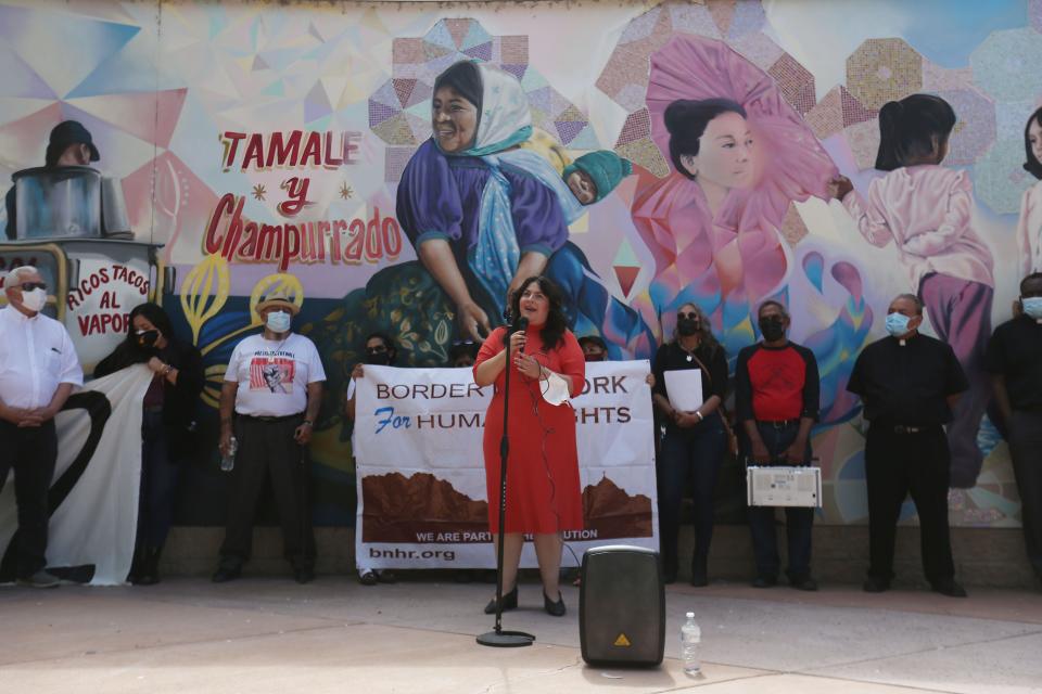 West-Central City Rep. Alexsandra Annello speaks during the Border Network for Human Rights ÒMarch for our DignityÓ in Downtown El Paso in support of Haitian asylum-seekers Thursday, Sept. 23, 2021. The march also brought attention to what they allege is Border Patrol aggression.