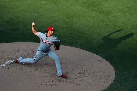 Aug 11, 2018; San Diego, CA, USA; Philadelphia Phillies starting pitcher Aaron Nola (27) pitches during the first inning against the San Diego Padres at Petco Park. Mandatory Credit: Jake Roth-USA TODAY Sports