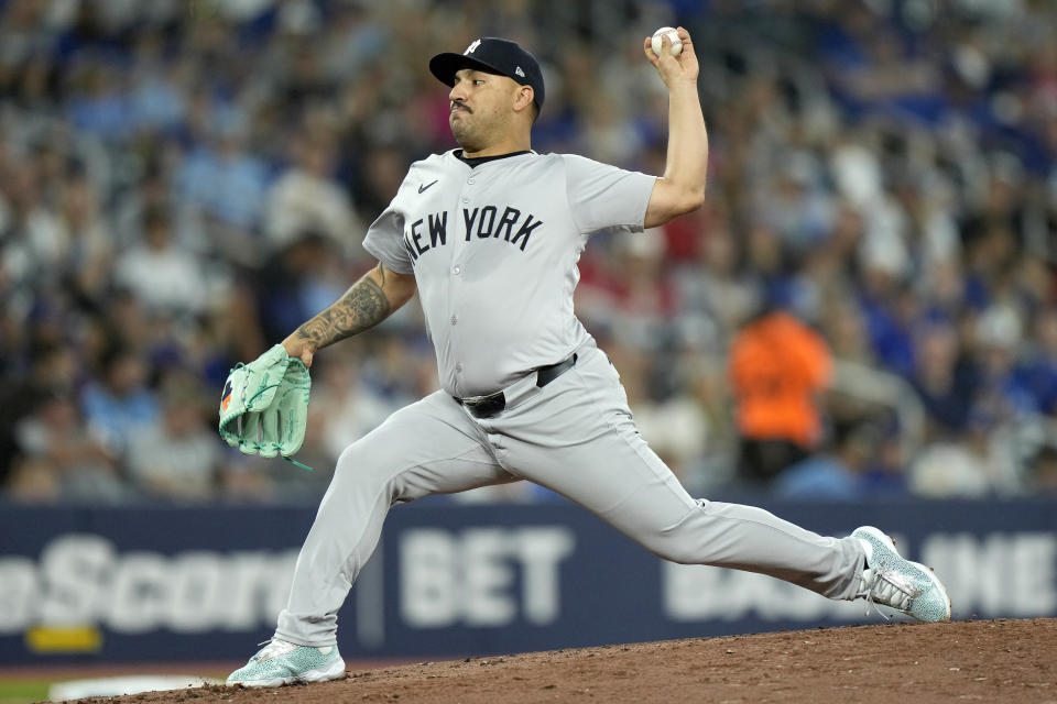 New York Yankees pitcher Nestor Cortes (65) works against the Toronto Blue Jays during the first inning of a baseball game in Toronto, Saturday, June 29, 2024. (Frank Gunn/The Canadian Press via AP)