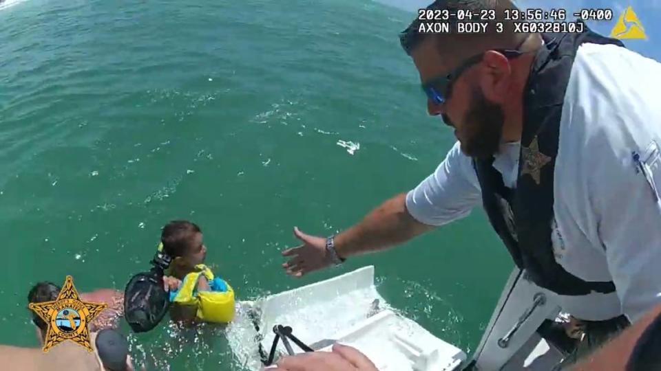 Manatee County Sheriff’s Office marine deputies rescued a father and his son that were pulled by a rip current about 100 yards off Anna Maria Island’s Bean Point. A video of the rescue was posted on YouTube on April 27, 2023.