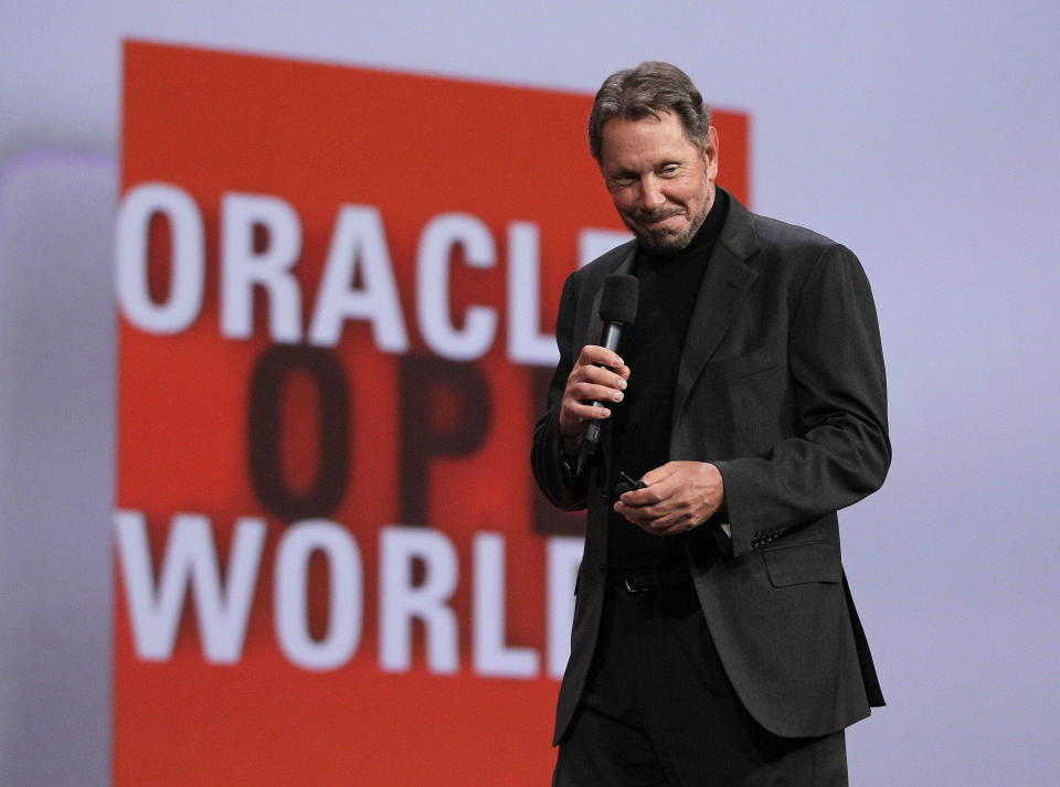 Oracle CEO Larry Ellison begins his keynote address at Oracle OpenWorld in San Francisco, Tuesday, Oct. 2, 2012. Ellison says he plans to turn the Hawaiian island that he recently bought into a laboratory for experimenting with more environmentally sound ways of living. Ellison says he hopes to convert sea water into fresh water on the 141-mile-square (365-square-kilometer) mile island of Lanai. He also wants more electric cars on the island and hopes to increase its fruit exports to Japan and other markets. (AP Photo/Eric Risberg)