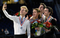 <p>(L-R) Rippon, Jason Brown, Joshua Farris and Max Aaron pose with their medals after the Championship Men’s Free Skate Program Competition.<br>(Photo by Jared C. Tilton/Getty Images) </p>