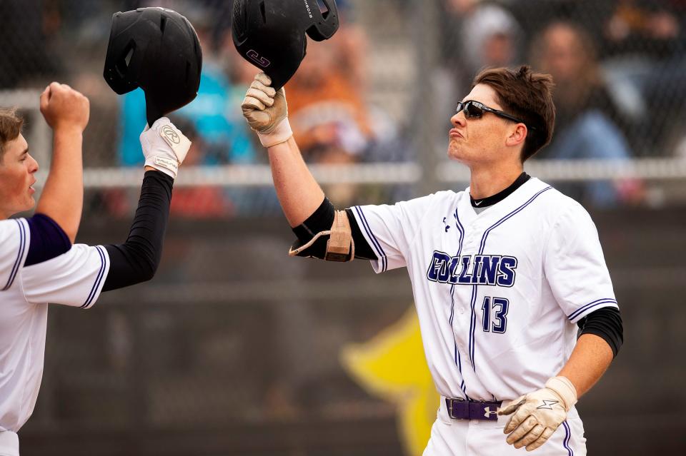 Fort Collins' Sean Togher celebrates after hitting a home run during a city rivalry baseball game against Rocky Mountain on Friday, May 3, 2024 at Fort Collins High School in Fort Collins, Colo. The Lambkins won 6-1.