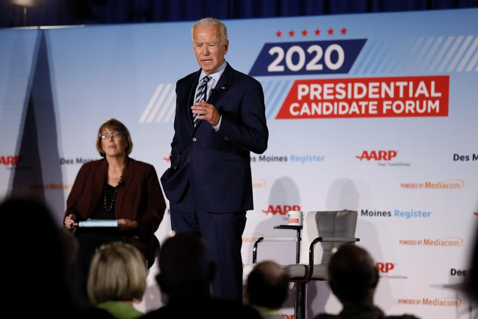 Former Vice President and Democratic presidential candidate Joe Biden speaks during a presidential candidates forum sponsored by AARP and The Des Moines Register, Monday, July 15, 2019, in Des Moines, Iowa. (AP Photo/Charlie Neibergall)