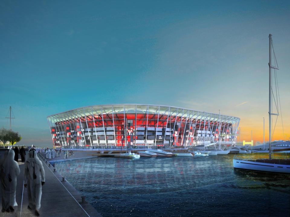 In this undated computer-generated artists impression provided by 2022 Supreme Committee for Delivery and Legacy, the Ras Abu Aboud stadium, a Qatar 2022 World Cup venue to be built in Doha, Qatar. (2022 Supreme Committee for Delivery and Legacy via Getty Images)