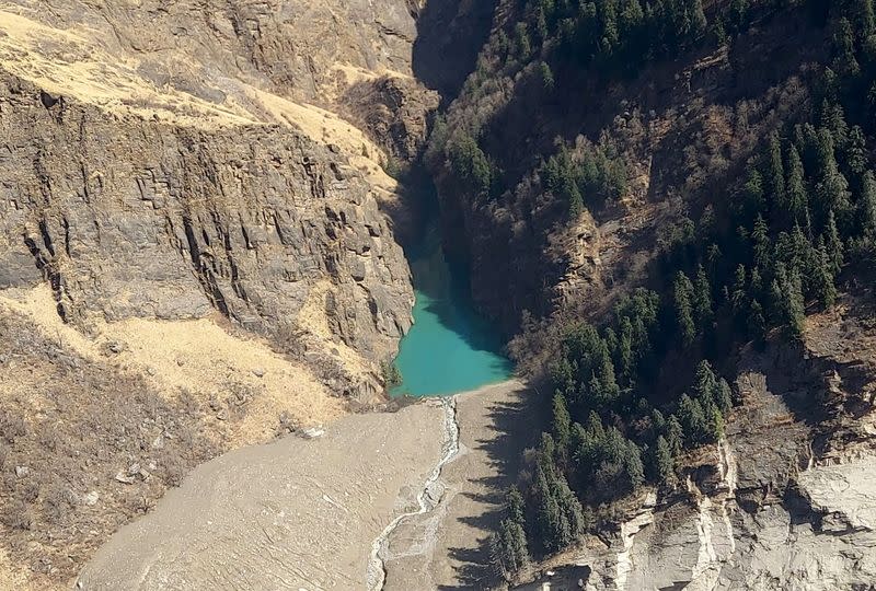 Aerial view of a lake formed after Sunday's flash flood in Chamoli