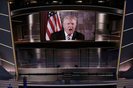 Republican presidential nominee Donald Trump speaks live via satellite from Trump Tower in New York City during the second session at the Republican National Convention in Cleveland, Ohio, July 19, 2016. REUTERS/Mike Segar