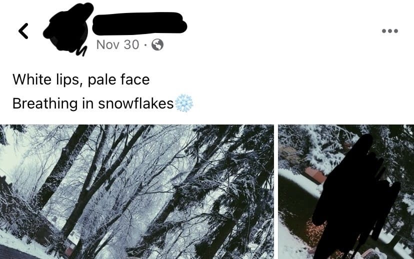a photo in the snow captioned with "white lips, pale face, breathing in snowflakes"