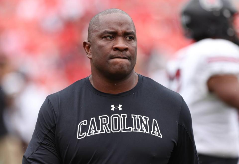 South Carolina defensive coordinator Clayton White works with players before the Gamecocks’ game at Sanford Stadium in Athens on Saturday, September 16, 2023.