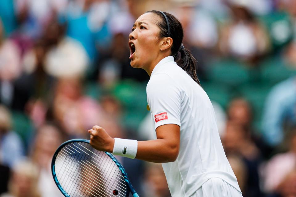 Harmony Tan of France celebrates against Serena Williams of the United States in the first round of the women's singles during day two of The Championships Wimbledon 2022 at All England Lawn Tennis and Croquet Club