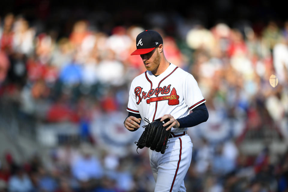 Atlanta Braves starting pitcher Mike Foltynewicz is relieved during the first inning of Game 5 of their National League Division Series baseball game against the St. Louis Cardinals, Wednesday, Oct. 9, 2019, in Atlanta. (AP Photo/John Amis)