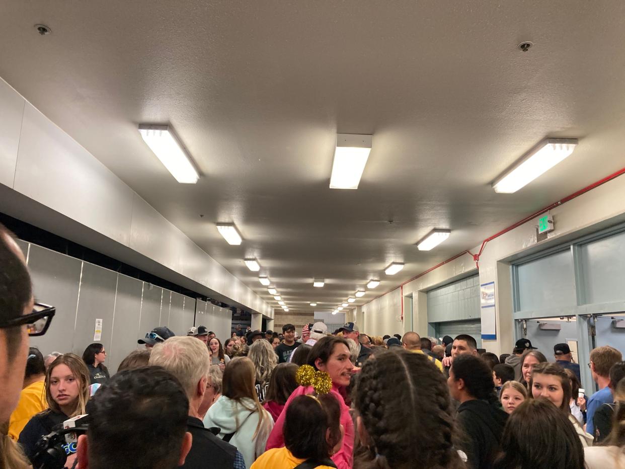 The crowd of supporters for the Box Elder basketball team fill the front hall of the Four Seasons Arena following the Bears’ win over Manhattan Christian in the Class C title game Saturday.