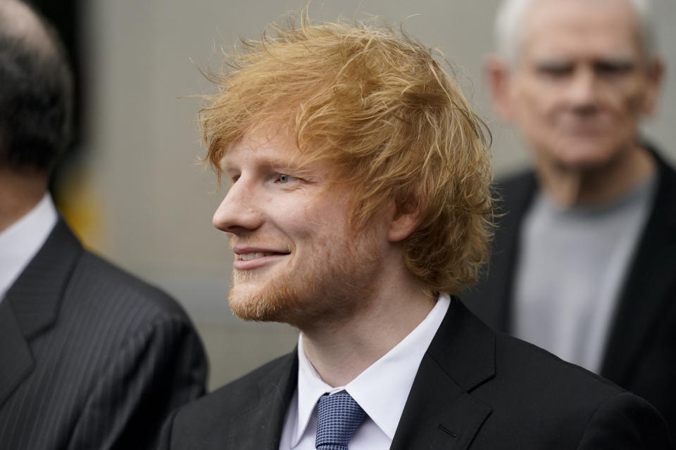 Recording artist Ed Sheeran departs after speaking to the media outside New York Federal Court, Thursday, May 4, 2023, in New York. A jury has concluded that the British singer's hit song “Thinking Out Loud” didn't copy key components of Marvin Gaye's classic tune “Let's Get It On.” Sheeran was sued by the heirs of songwriter Ed Townsend, who created the 1973 soul classic with Gaye. (AP Photo/John Minchillo)