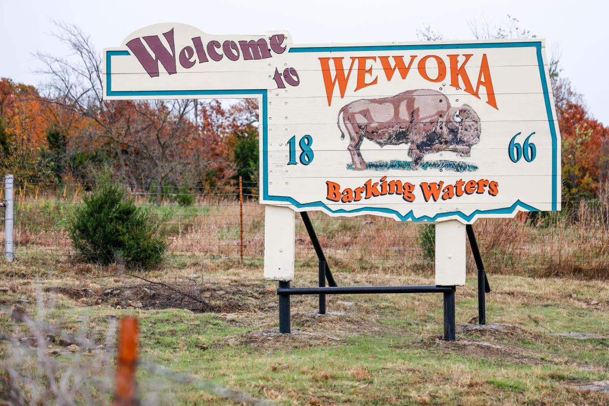 A sign entering Wewoka, Oklahoma, is pictured Nov. 9. In 1855, the Florida Seminoles established their capital in Wewoka — the Seminole word for "Barking Waters" — because of the noise made by nearby falls.