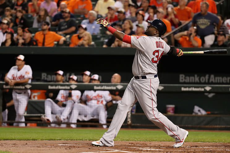 BALTIMORE, MD - SEPTEMBER 19: David Ortiz #34 of the Boston Red Sox flies out in the first inning against the Baltimore Orioles at Oriole Park at Camden Yards on September 19, 2016 in Baltimore, Maryland. (Photo by Rob Carr/Getty Images)