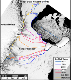A satellite image of the Conger ice shelf with coloured lines denoting historical extent.