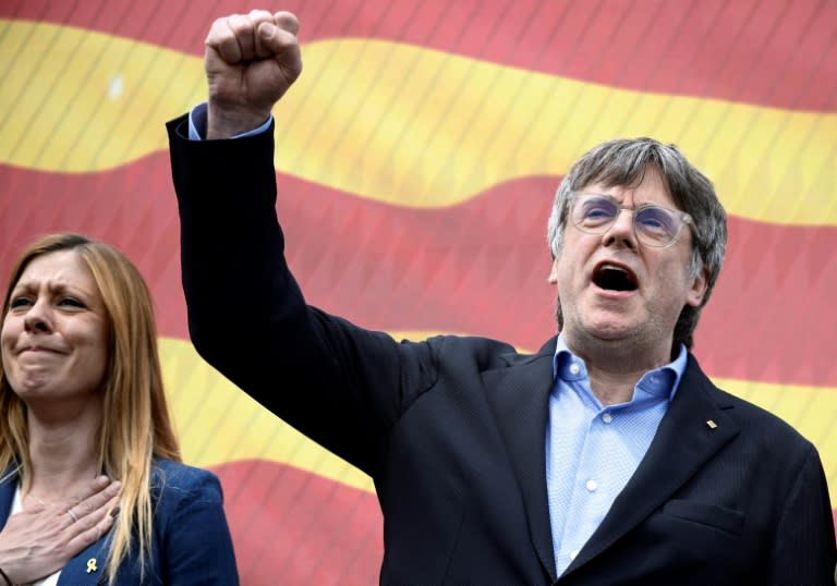 Carles Puigdemont alza el puño durante un mitin de Junts per Catalunya con motivo de las elecciones regionales catalanas, el 4 de mayo de 2024 en Argeles sur Mer, al sureste de Francia (Josep Lago)