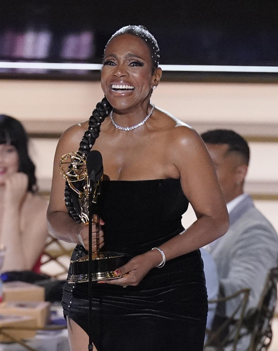 Sheryl Lee Ralph accepts the Emmy for outstanding supporting actress in a comedy series for "Abbott Elementary" at the 74th Primetime Emmy Awards on Monday, Sept. 12, 2022, at the Microsoft Theater in Los Angeles. (AP Photo/Mark Terrill)