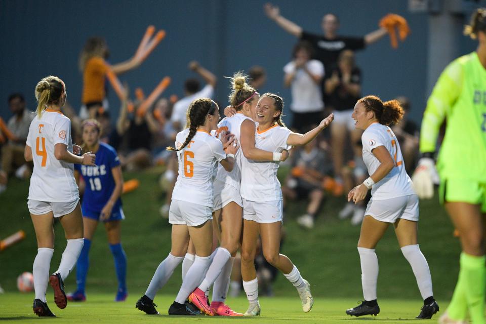 Tennessee midfielder/forward Taylor Huff (13) scores a goal assisted by Tennessee defender/forward Claire Rain (22) in the second half during a game between Duke and Tennessee at Regal Soccer Stadium in Knoxville, Tenn. on Thursday, Aug. 25, 2022.