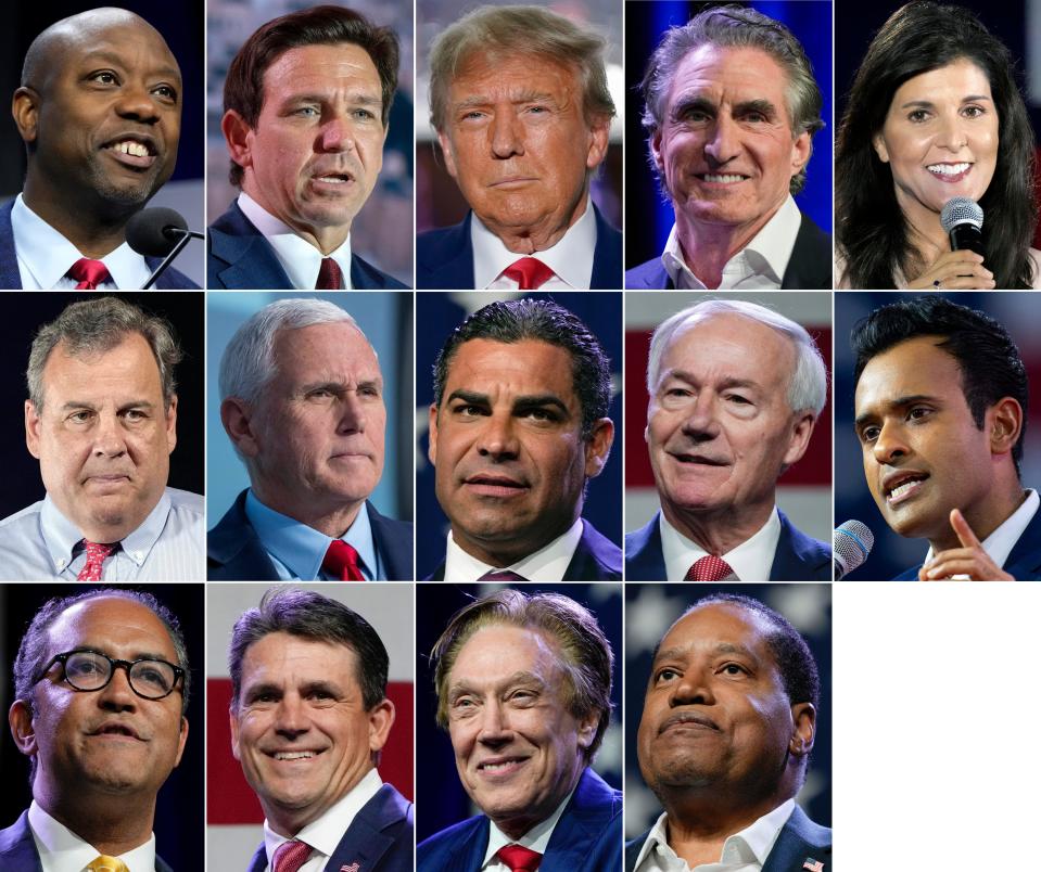 Republican presidential candidates, top row from left: Sen. Tim Scott of South Carolina, Florida Gov. Ron DeSantis, former President Donald Trump,  North Dakota Gov. Doug Burgum and former South Carolina Gov. Nikki Haley. Center row from left: former New Jersey Gov. Chris Christie, former Vice President Mike Pence, Miami Mayor Francis Suarez, former Arkansas Gov. Asa Hutchinson and entrepreneur Vivek Ramaswamy. Bottom row from left: former Rep. Will Hurd of Texas, businessman and pastor Ryan Binkley, businessman Perry Johnson, and lawyer and radio host Larry Elder.