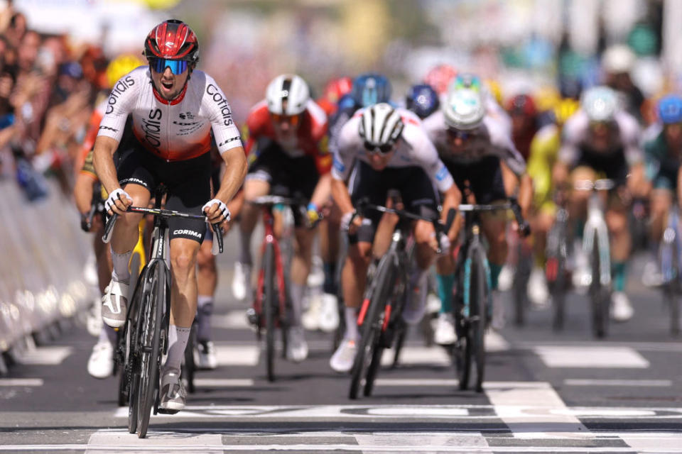 Cofidis French rider Victor Lafay L cycles to the finish line to win the 2nd stage of the 110th edition of the Tour de France cycling race 2089 km between VitoriaGasteiz and San Sebastian in northern Spain on July 2 2023 Photo by Thomas SAMSON  AFP Photo by THOMAS SAMSONAFP via Getty Images