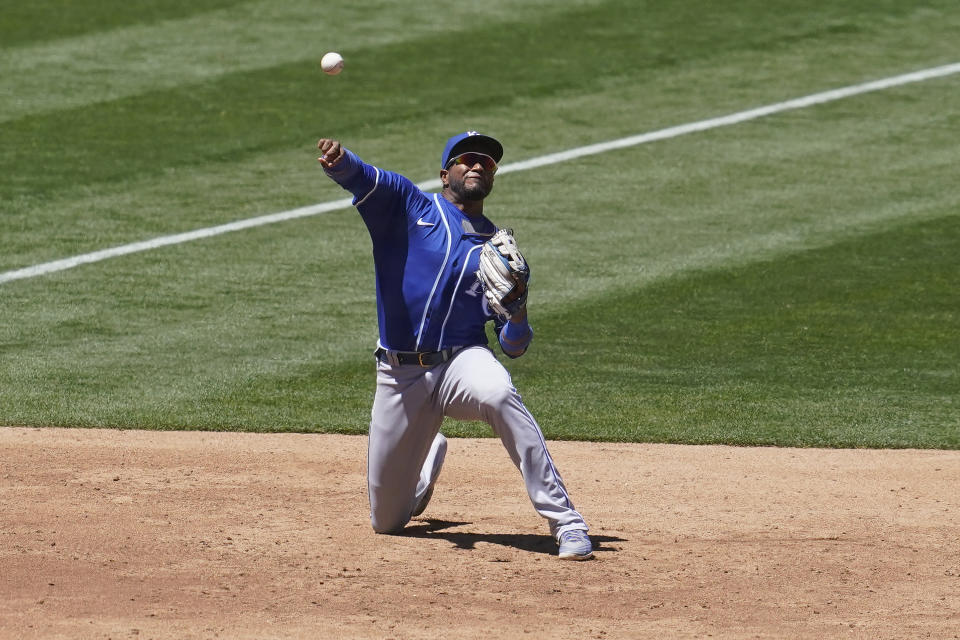 Kansas City Royals third baseman Kelvin Gutierrez throws out Oakland Athletics' Elvis Andrus at first base during the third inning of a baseball game in Oakland, Calif., Saturday, June 12, 2021. (AP Photo/Jeff Chiu)