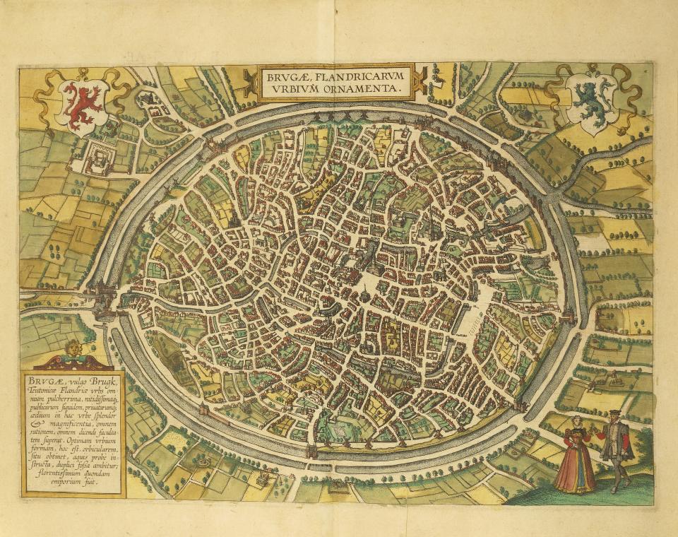布魯日於十六世紀期間的地圖，版畫晝家：Georg Braun (1541-1622) 及 Franz Hogenberg (1540-1590) (DEA / R. MERLO/De Agostini via Getty Images)