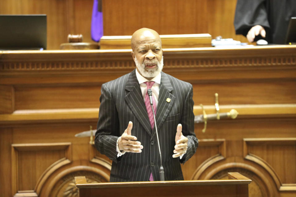 State Sen. Ronnie Sabb, D-Greeleyville, discusses his opposition to a resolution calling for a convention to propose a balanced budget and term limit amendments to the U.S. Constitution on Wednesday, March 9, 2022, in Columbia, S.C.. (AP Photo/Jeffrey Collins)