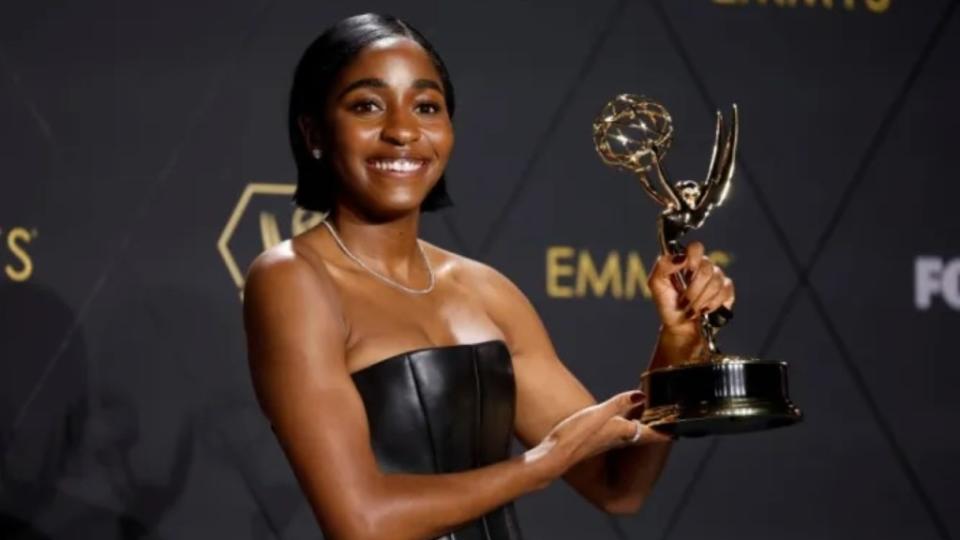 Ayo Edebiri, winner of the award for Outstanding Supporting Actress in a Comedy Series for “The Bear,” poses in the press room during the 75th Primetime Emmy Awards at Peacock Theater on Monday in Los Angeles. (Photo by Frazer Harrison/Getty Images)