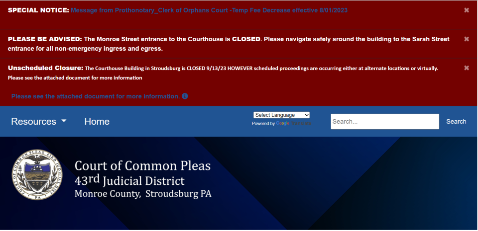 A screenshot of the notifications on the Monroe County court website, taken on Sept. 13, 2023.