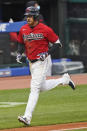 Cleveland Indians' Jordan Luplow runs the bases after hitting a solo home run in the third inning in a baseball game against the Chicago White Sox, Tuesday, April 20, 2021, in Cleveland. (AP Photo/Tony Dejak)