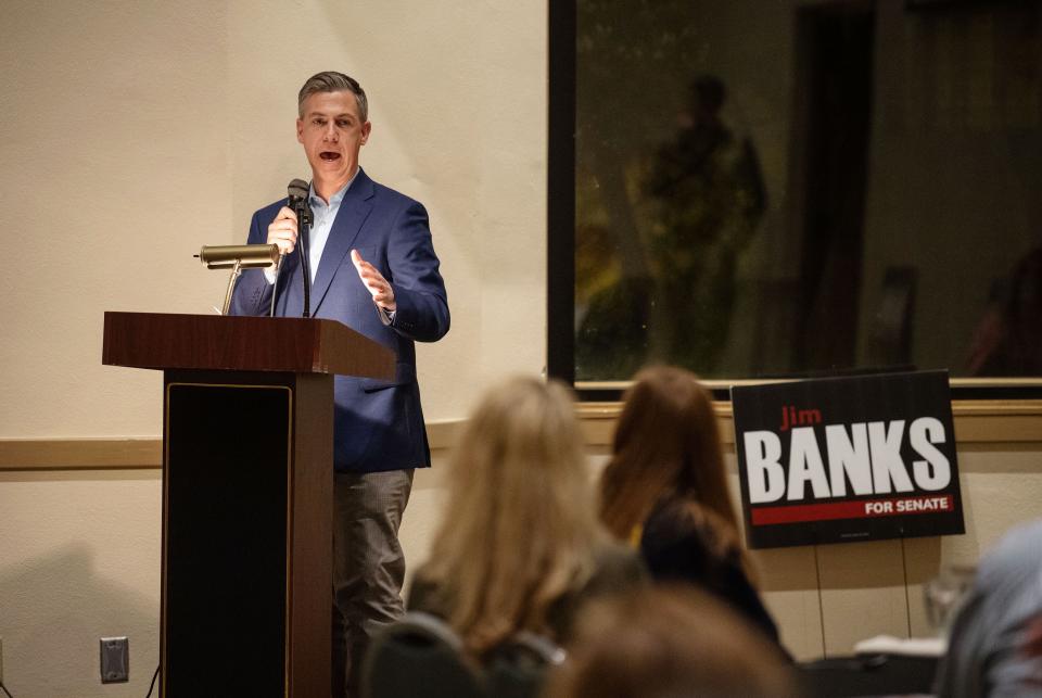 U.S. Rep. Jim Banks addresses the attendees during the annual Posey County Republican Party's Lincoln Day Dinner at the New Harmony Resort & Conference Center in New Harmony, Ind., Thursday night, April 6, 2023. Banks is running for the U.S. Senate.