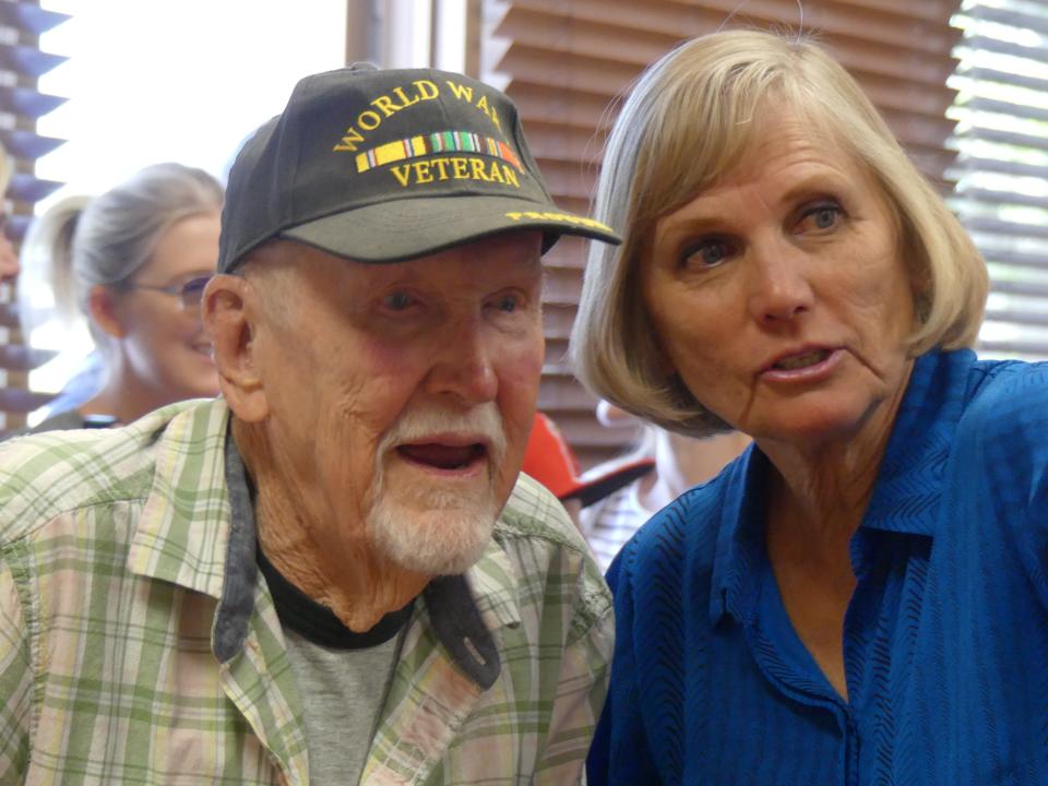 World War II veteran and retired Army Air Corps pilot Donald Roser and his daughter, Dawna Barnes. Roser celebrated his 99th birthday on Saturday in Apple Valley.