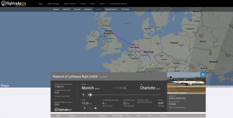 Die Flugstrecke von Flug LH428: Vor irischem Luftraum kehrte die Maschine um und flog zurück nach München. (Bild: Screenshot/flightradar.24)