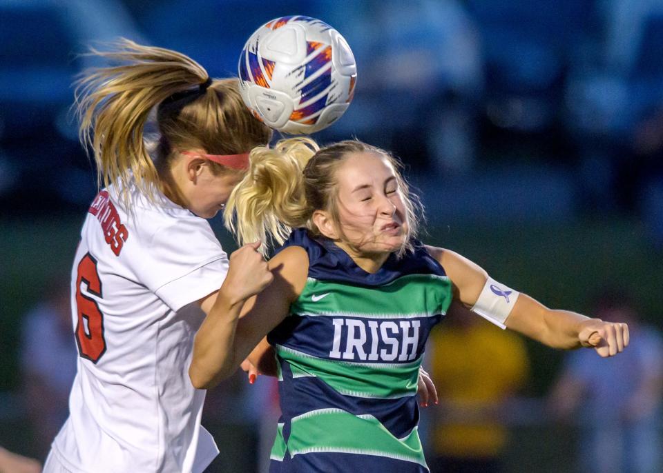 Peoria Notre Dame's Parker Miller, right, and Benet Academy's Bailey Abbott head the ball during their Class 2A supersectional soccer match Tuesday, May 30, 2023 in Washington. The Irish fell to the Redwings 1-0 in overtime.