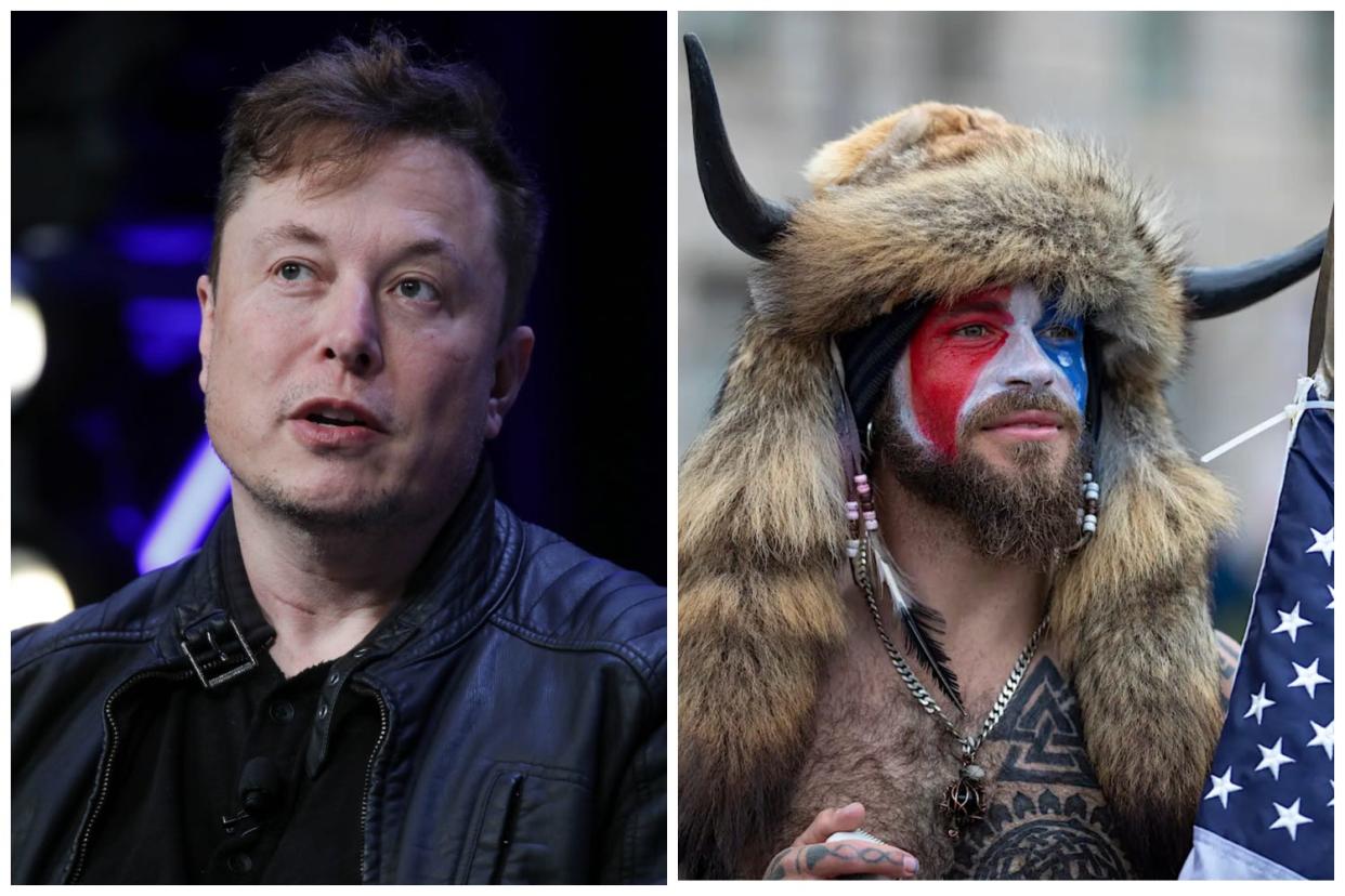 Composite image of Elon Musk (L), 'QAnon Shaman' Jacob Chansley (R)