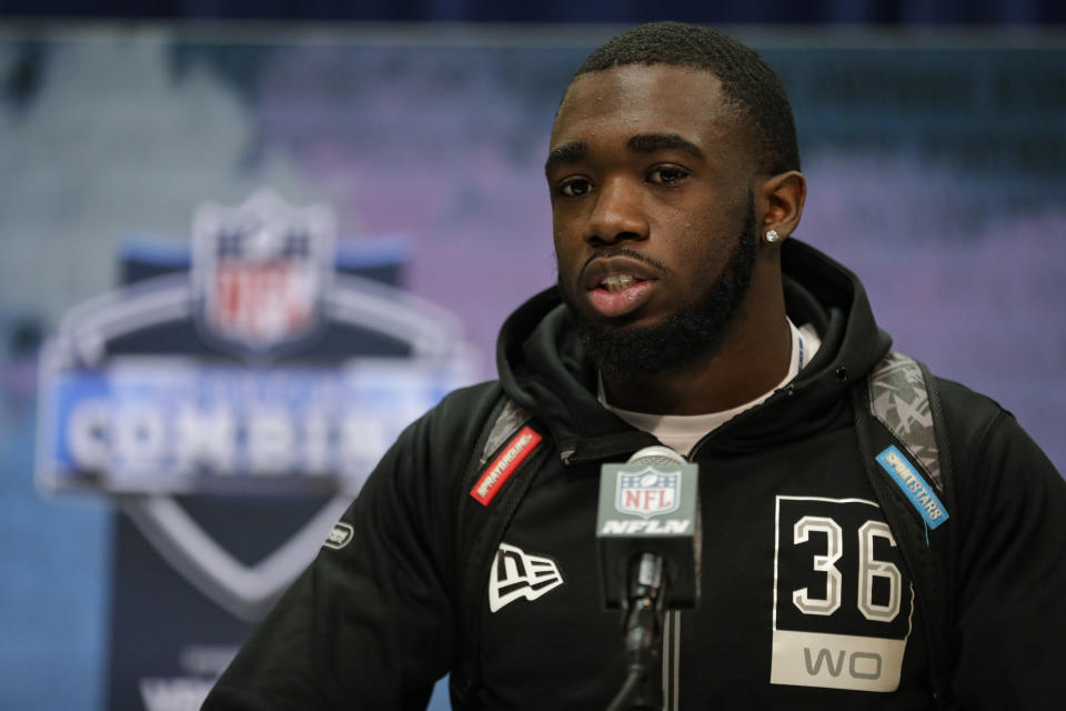 FILE - In this Feb. 25, 2020, file photo, Baylor wide receiver Denzel Mims speaks during a press conference at the NFL football scouting combine in Indianapolis. Mims is a possible pick in the NFL Draft which runs Thursday, April 23, 2020 thru Saturday, April 25. (AP Photo/Michael Conroy, File)