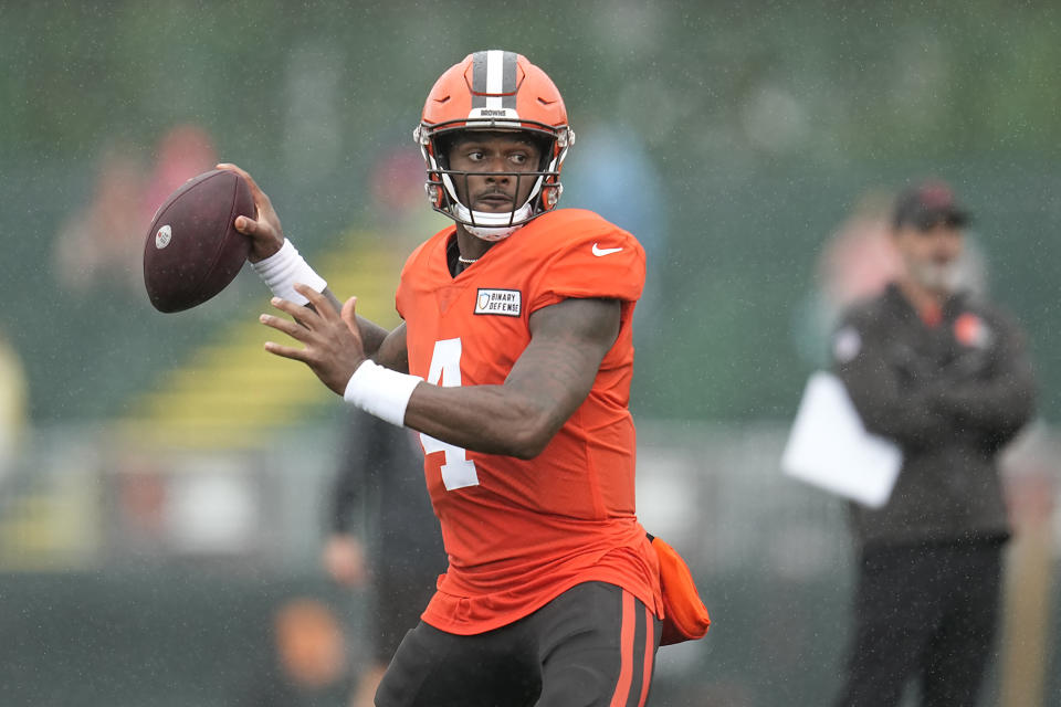 Cleveland Browns quarterback Deshaun Watson throws during an NFL football camp, Monday, Aug. 7, 2023, in Berea, Ohio. (AP Photo/Sue Ogrocki)