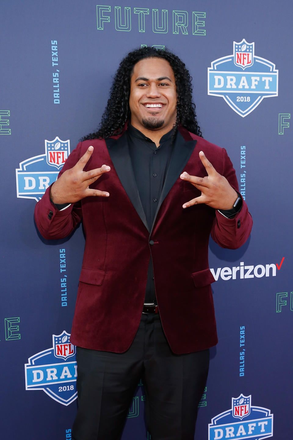 <p>Vita Vea of Washington poses on the red carpet prior to the start of the 2018 NFL Draft at AT&T Stadium on April 26, 2018 in Arlington, Texas. (Photo by Tim Warner/Getty Images) </p>