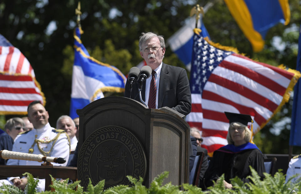 National Security Adviser John Bolton speaks at the commencement for the United States Coast Guard Academy in New London, Conn., Wednesday, May 22, 2019. (AP Photo/Jessica Hill)