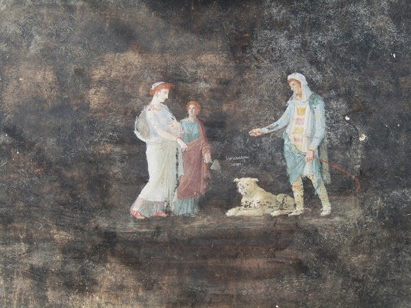 A painting of Paris and Helen of Troy recently recovered in Pompeii in a long lost dining room.